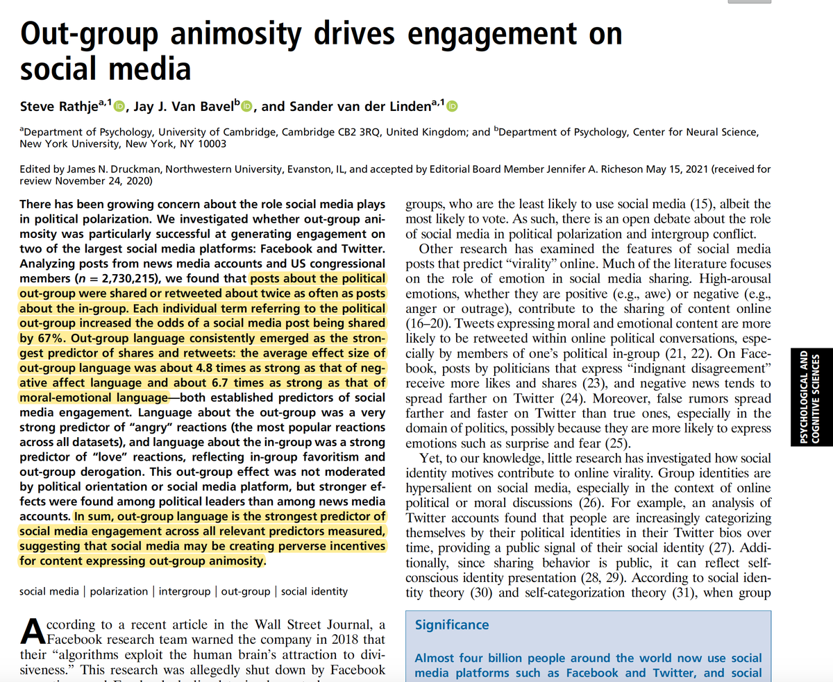 robkhenderson's tweet photo. On Facebook and Twitter, each word "referring to the political out-group increased the odds of a post being shared by 67%...out-group language is the strongest predictor of social media engagement...may be creating perverse incentives" https://t.co/eddRsQnWL7 @steverathje2 https://t.co/xYJz089wuC