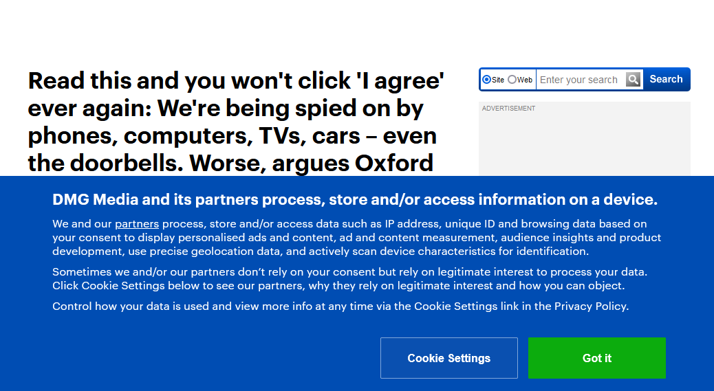 And, of course, before you can even read that article, you first have to agree to Mail Online's massive tracking: