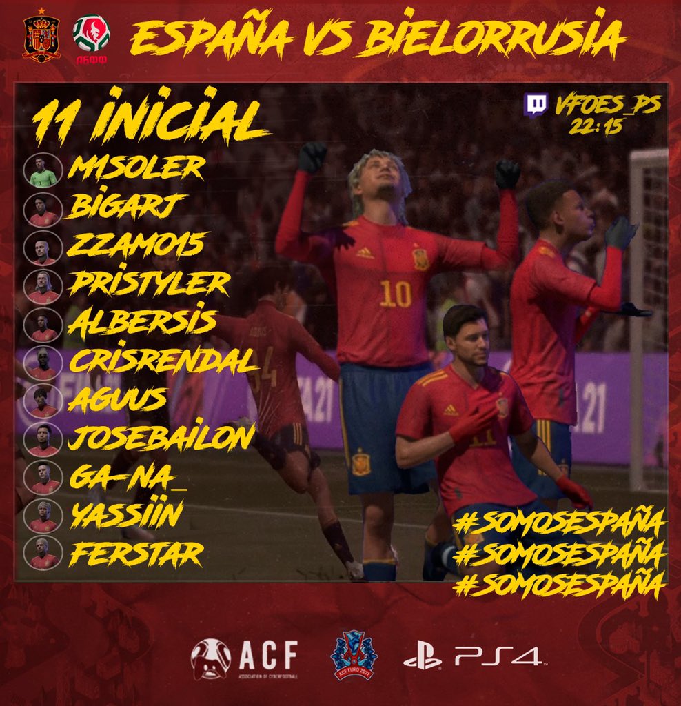 SpainNT_PS's tweet photo. Tenemos el once de España para los partidos de esta noche contra Bielorrusia. Empezamos la fase de grupos de la Eurocopa organizada por ACF.

Os esperamos a las 22:15 en https://t.co/fdYH1DgtsY.

#SomosEspaña https://t.co/1YWCQK4UT0