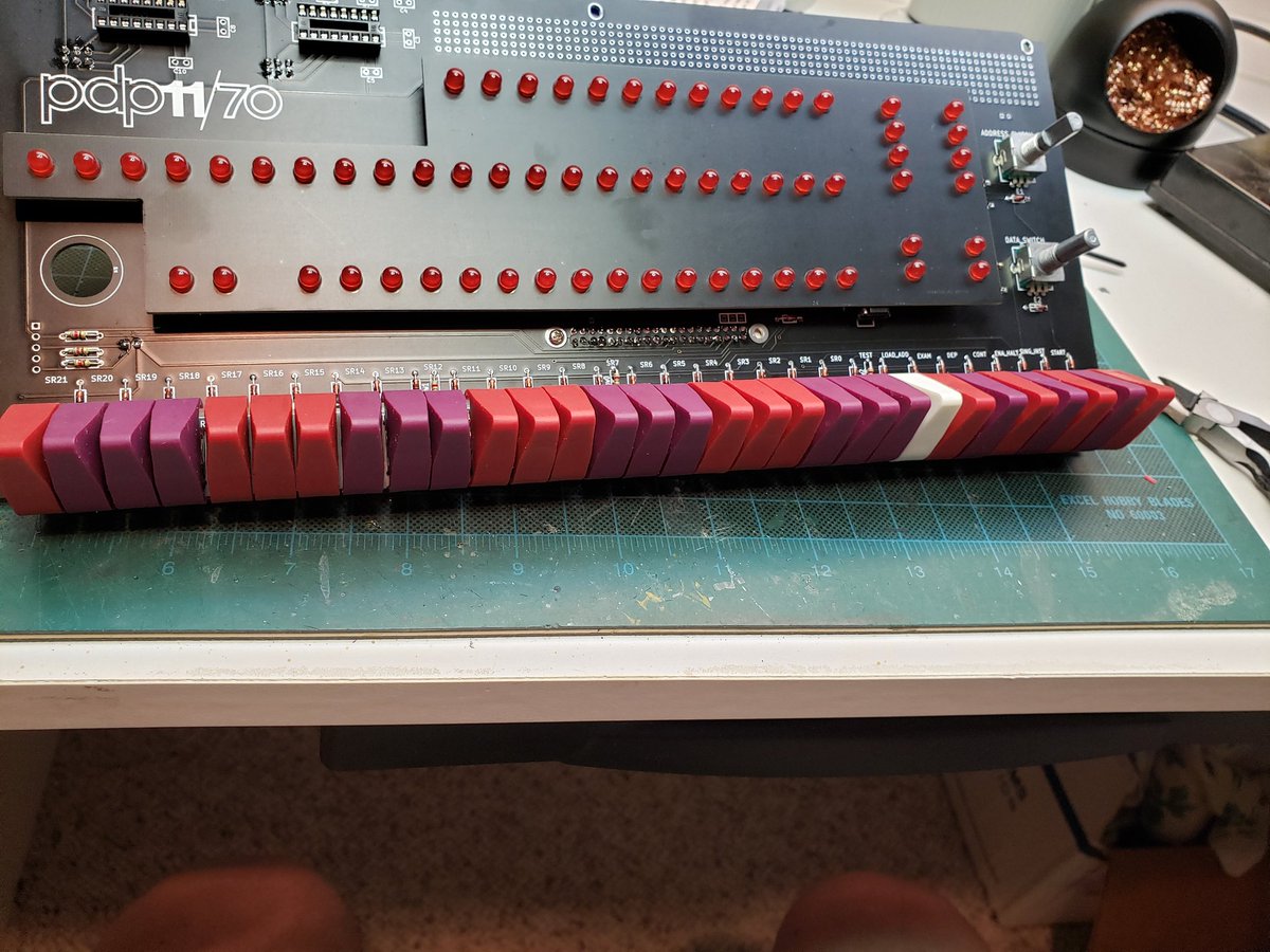 mark_lawler's tweet image. The 21 switches now mounted correctly.  2 of them are still not perfect electrically in terms of off/on being 100% reliable though.  Perhape it&apos;ll act more like a 50 year old machine? Lol #PiDP11 #pdp11 #RetroComputing