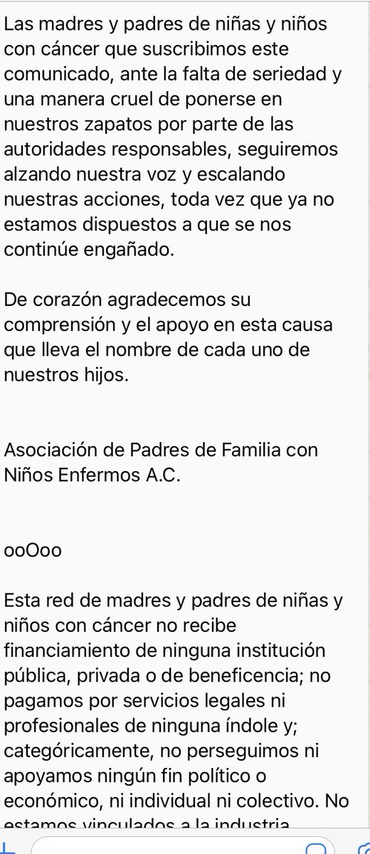 Comunicado de los padres de los niños con cáncer