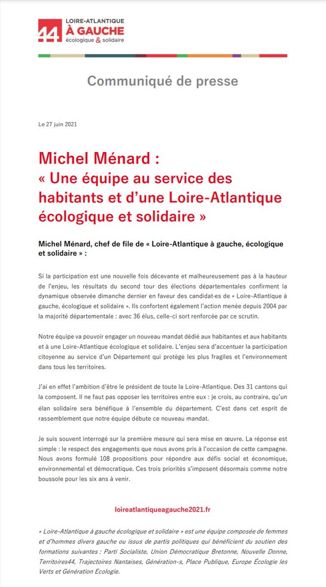 Ce soir, les résultats du second tour des #Départementales confortent l’action de la majorité depuis 2004. Dès demain, c'est une équipe renforcée de 36 élu·es qui sera au service des habitant·s et d’une #LoireAtlantique écologique et solidaire. Le communiqué de <a href="/Michel_MENARD/">Michel Ménard</a> 👇