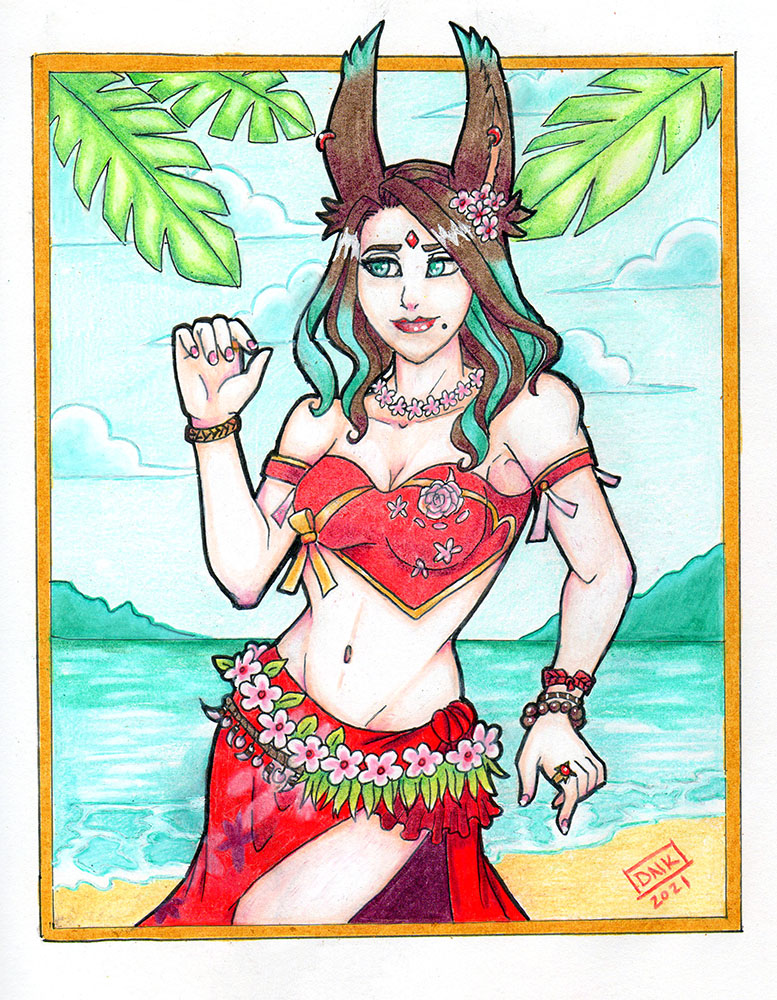 touchedvenus's tweet photo. Just finished a colored pencil piece of my character Persephone Nocturne. She's my viera girl from Final Fantasy XIV. I am in a summer mood, so I tossed her in her summer attire for the season. :D 

TOOLS USED:
+ Pigma Micron Pens
+ Prismacolor Pencils

#viera #ffxiv https://t.co/fUQz7zI9Vu