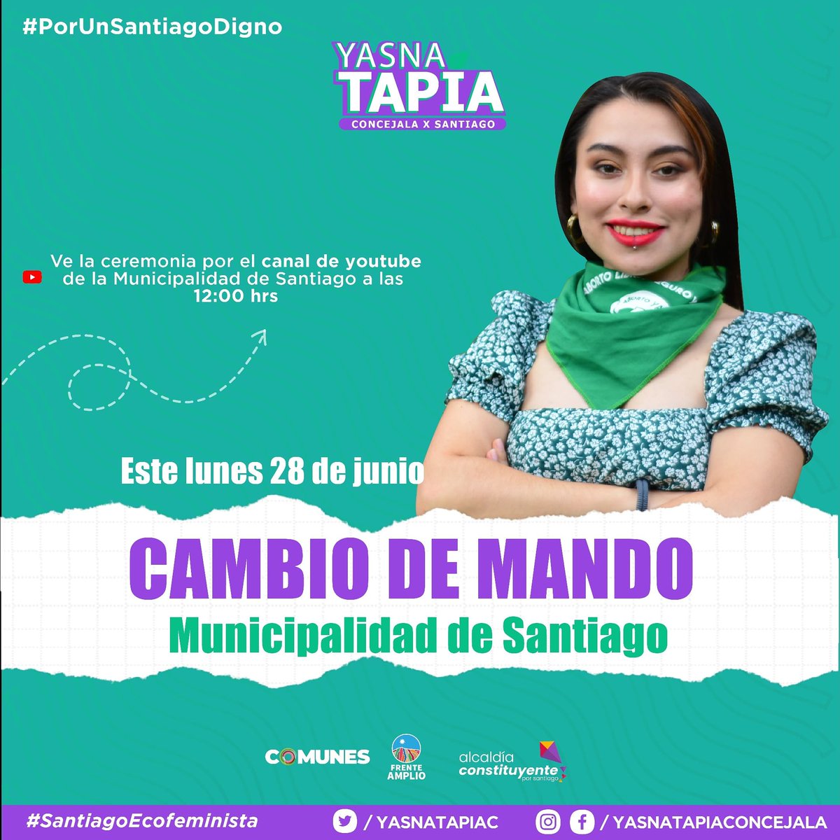 YasnaTapiaC's tweet photo. Queridesss 🌿
Mañana daremos un paso más de transformaciones junto a las históricas luchas que han dado les vecines por una comuna más digna ✊🏽
Mañana a las 12:00 vía youtube de la municipalidad de Stgo se transmitirá el #CambiodeMando. Les esperamos 😉✊🏽 https://t.co/2vlZ4XoB5P