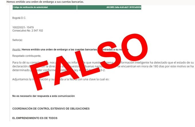 CaiVirtual's tweet photo. #CAIVirtualAlerta Si recibe un correo como este, CUIDADO ☠ #Estafa que suplanta a DIAN (Dirección de Impuestos y Aduanas Nacionales de Colombia ) con una supuesta orden de embargo. https://t.co/tIpPiR0yQj
