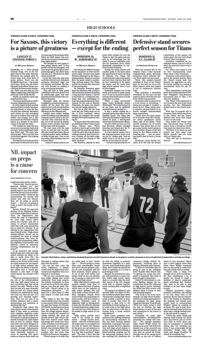 WashPostHS's tweet photo. In today's paper: @indyathleticsva, @JMHSAthletics, @langleysports and more take home state titles on the last day of spring sports in Virginia. https://t.co/Av2cLpEnRW