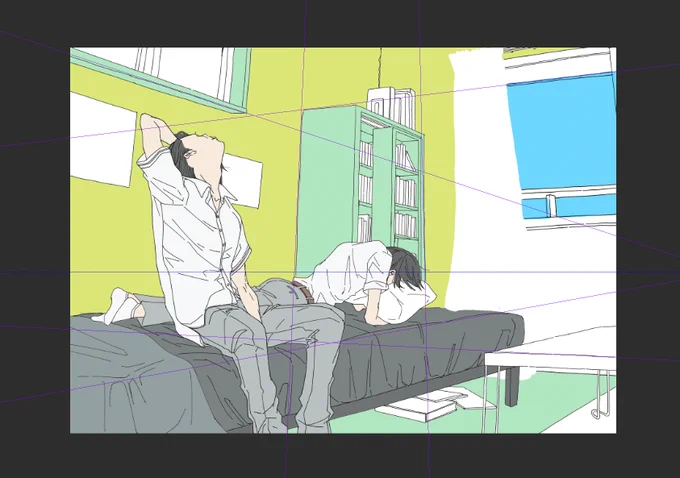 朝に投稿した絵、本当はカーテンが最初あったんだけど、空を綺麗に描きたかったので途中で消したんよね。の図。描いてる間にどんどん変わるよ。構図も配色も。あと、ちょっとガウスぼかしつけたやつ。ない方がいいと思うけど、せっかくだからここで成仏させよう。#イラスト好きさんと繋がりたい 