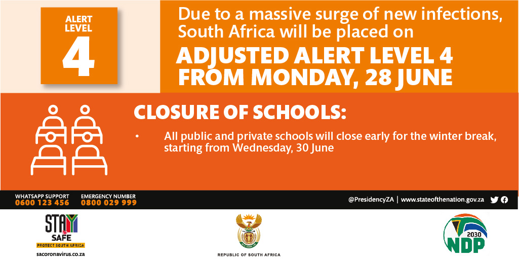 PresidencyZA's tweet photo. President #Ramaphosa: All public and private #schools will close early for the winter break. Schools will start to close from Wednesday, 30 June.
#StaySafe #CoronaVirusSA #Ramaphosa #Level4 #14Days https://t.co/MgzL6fvud1