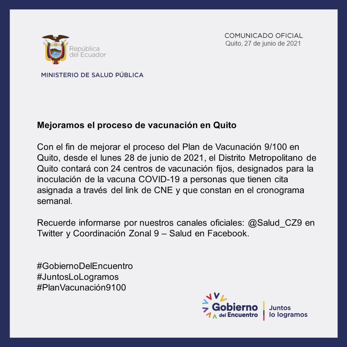 SaludPichincha's tweet photo. Desde este 28 de junio en el territorio de @Salud_CZ9, contamos con 24 centros de vacunación, mantente informado por cuentas oficiales y revisa el link: https://t.co/mL2SPIGODM. Recuerda que el horario de atención es de 8:00 a 17:00, evita madrugar. https://t.co/R4vShWWuE8