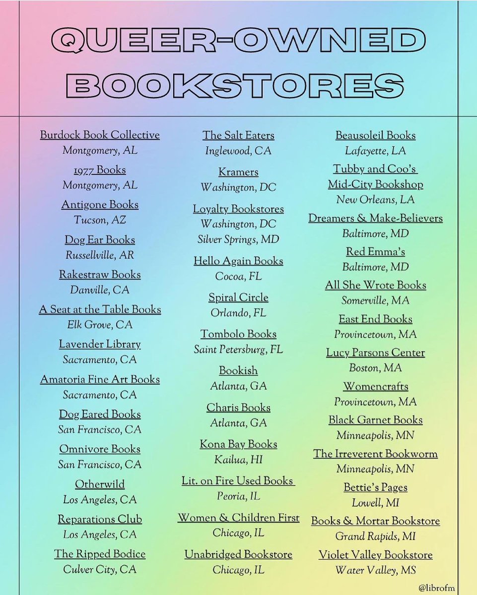 dreamersbmore's tweet photo. A huge shoutout to @librofm for this amazing list of Queer-Owned bookstores in the U.S. &amp; Canada! 

While it’s lovely to get the extra attention in June, please remember you can shop with pride from these shops and thousands of other LGBTQIA+ businesses all year long! https://t.co/JaX5uRP9gM