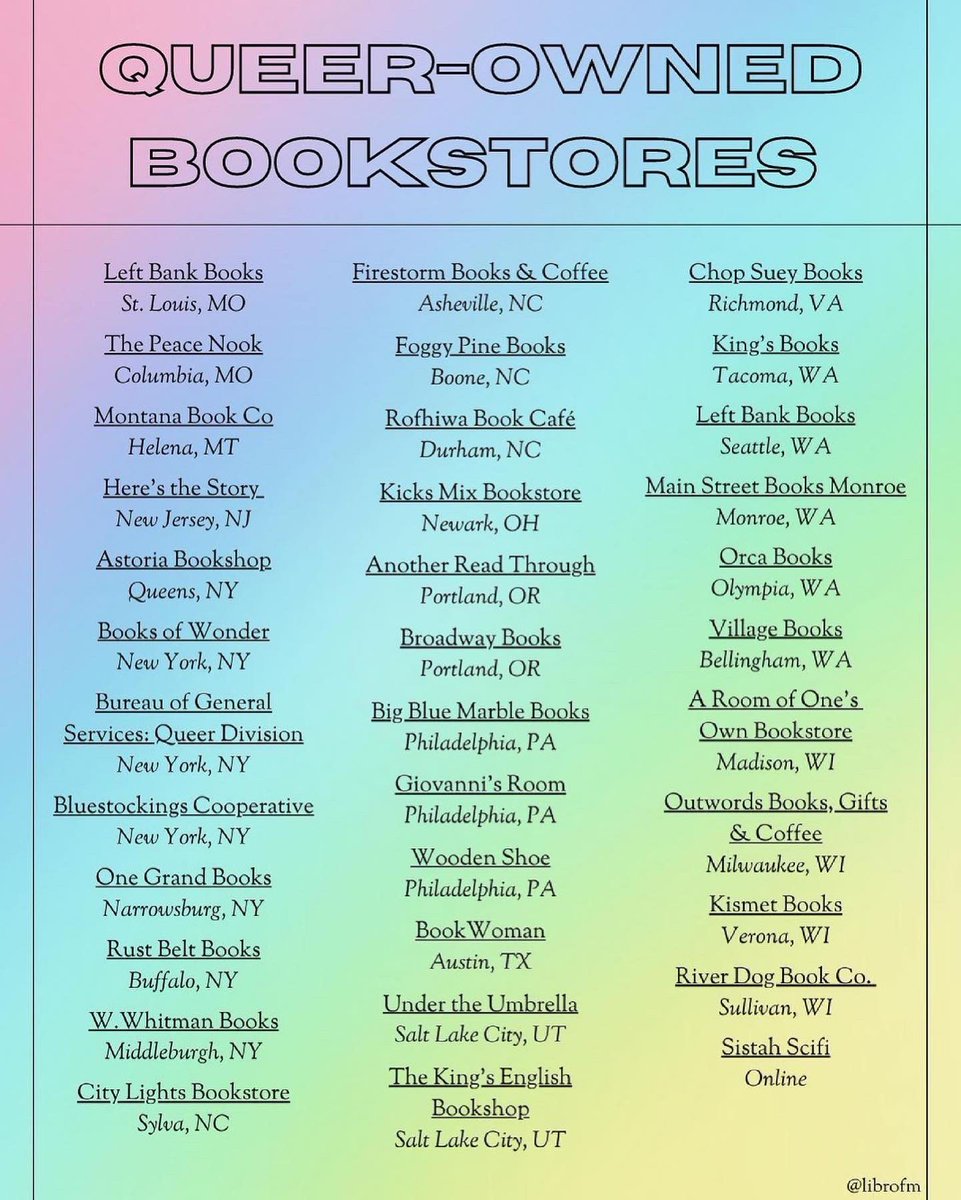 dreamersbmore's tweet photo. A huge shoutout to @librofm for this amazing list of Queer-Owned bookstores in the U.S. &amp; Canada! 

While it’s lovely to get the extra attention in June, please remember you can shop with pride from these shops and thousands of other LGBTQIA+ businesses all year long! https://t.co/JaX5uRP9gM