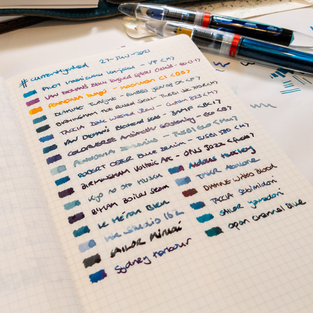 wilder_writes's tweet photo. Today's #currentlyinked -- on Graphilo paper. I really keep looking for an ink to empty so I can keep the number down but it's a losing battle. I love all these and more!

#fountainpens #fountainpenink #fpgeeks #penaddict #fountainpen #fountainpenaddict #pens #stationery #station https://t.co/j8FcqmXmCx