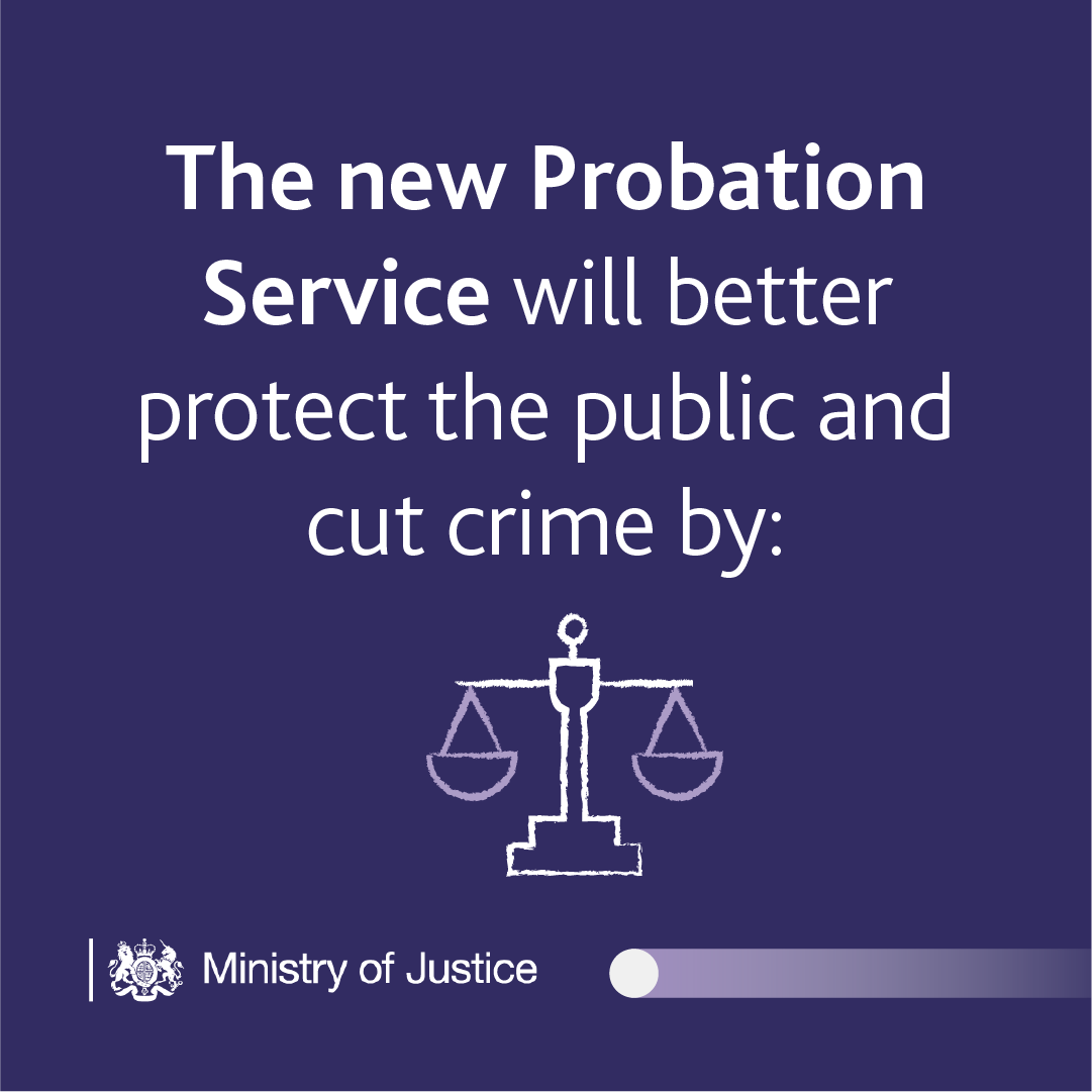 MoJGovUK's tweet photo. Today, we’re launching a bigger, better Probation Service to cut crime by:

- Doubling the recruitment of officers
- Supervising dangerous offenders more closely
- Increasing use of electronic tags

More on the new Probation Service:
https://t.co/YOIABWd9zY