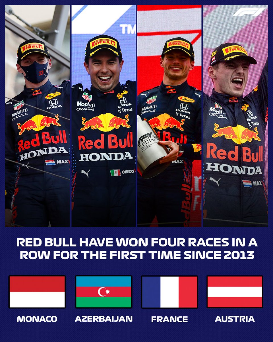 F1's tweet photo. 🇲🇨 🏆
🇦🇿 🏆
🇫🇷 🏆
🇦🇹 🏆

@redbullracing #F1 https://t.co/gHPPb8C7lg