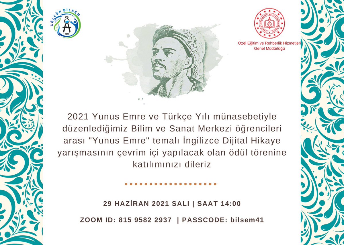 Öğrencilerimizin bilgi, beceri ve yaratıcılıklarını sunmalarına imkân sağlamak; insan ve doğa sevgisini dijital hikâye anlatma tekniği ile anlatmak amacıyla <a href="/golcukbilsem/">Gölcük Yücel Koyuncu Bilim ve Sanat Merkezi</a>'ce düzenlenen
#YunusEmre temalı yarışmamızın ödül töreni
🗓29 Haziran ⏰14.00’te yapılacaktır.
<a href="/mehmetnezirg/">mehmet nezir gül</a>