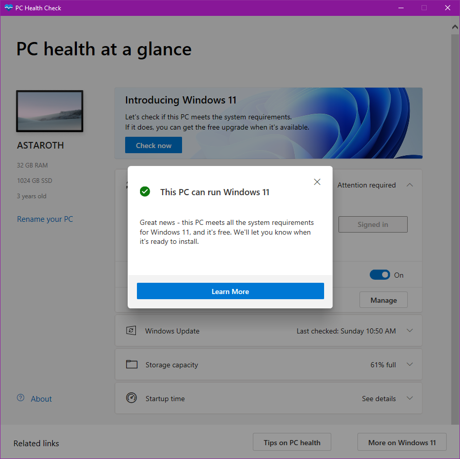 bwDraco's tweet photo. [3/3 #Windows11] Results from the PC Health Check app. My PCs follow a demonic naming theme, and all have TPMs enabled:

- Astaroth: 2017 custom desktop, Ryzen 9 3950X
- Malphas: 2020 Lenovo ThinkPad T14 Gen 1, Ryzen 7 PRO 4750U
- Stolas: 2018 HP ENVY x360 13, Ryzen 7 2700U https://t.co/cVz263ba1V