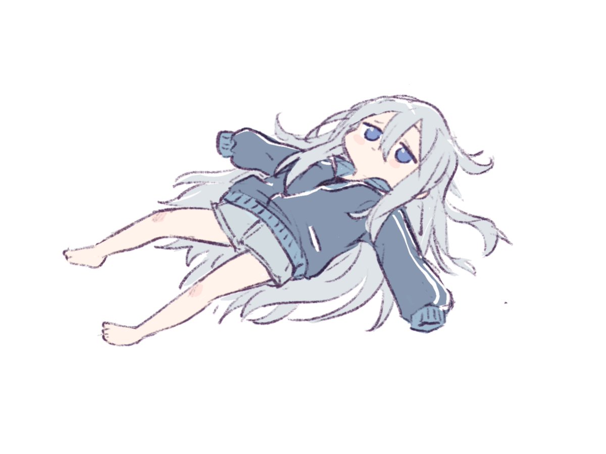 1girl long hair solo jacket shorts blue eyes barefoot  illustration images