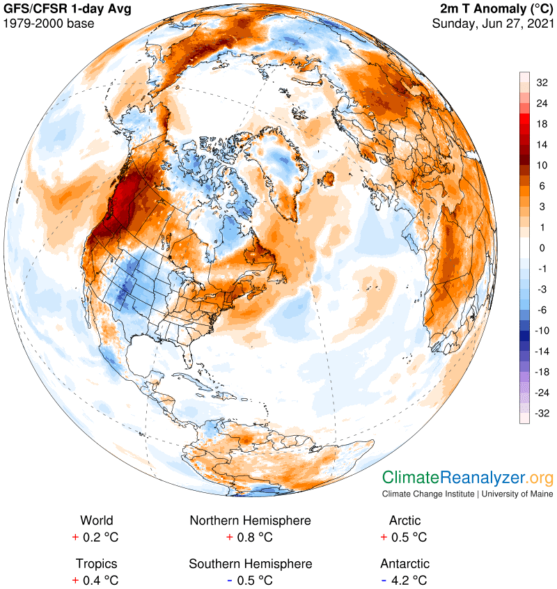 The red colors on this Climate Reanalyzer chart are about as dark and bright as we've ever seen for any location valid for Sunday.