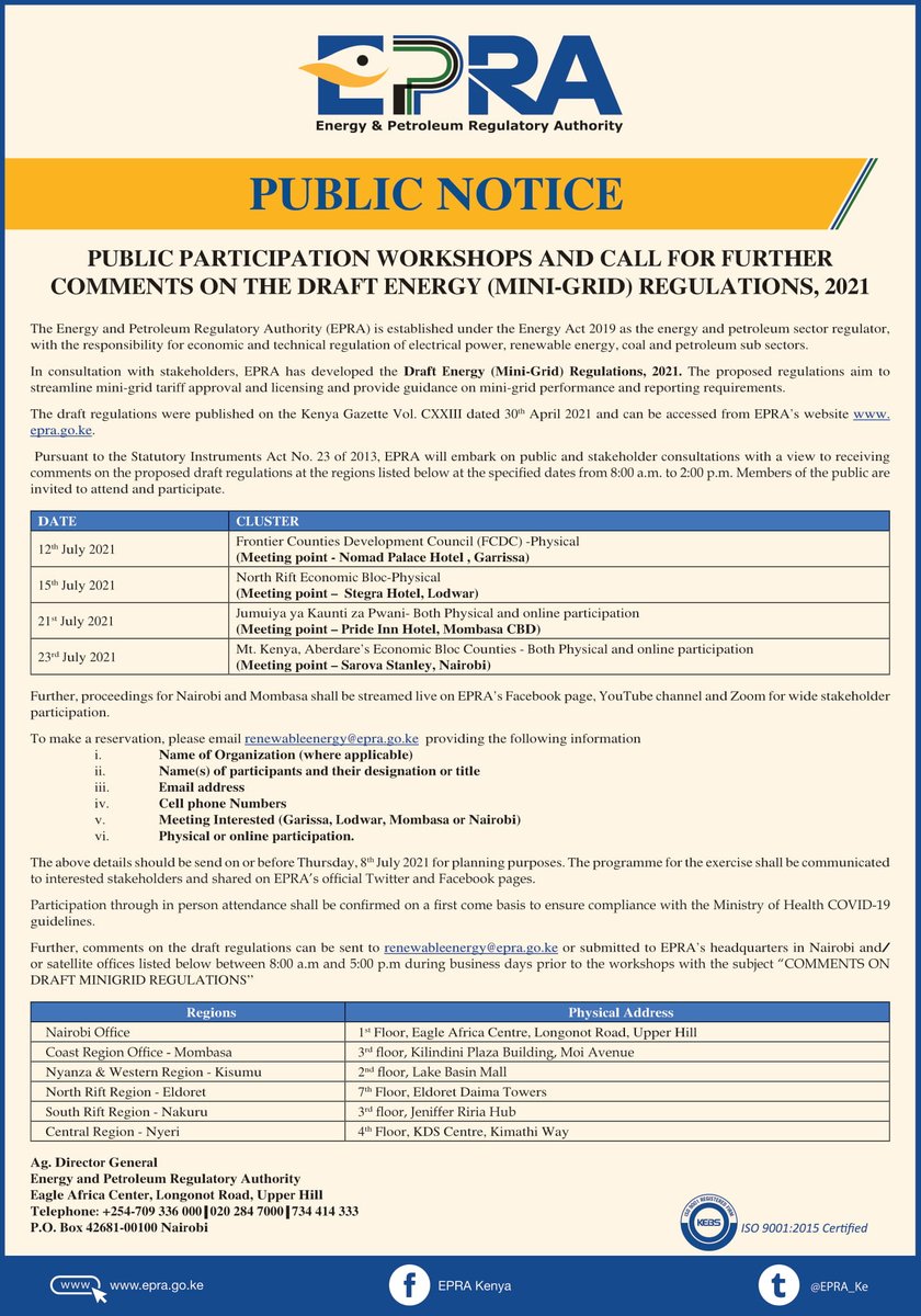 EPRA_KE's tweet photo. @EPRA_Ke public notice." PUBLIC PARTICIPATION WORKSHOPS AND CALL FOR FURTHER COMMENTS ON THE DRAFT ENERGY (MINI-GRID) REGULATIONS, 2021" . More information >> https://t.co/i76JjSHZ8j ^BO https://t.co/Z7atW991Tf