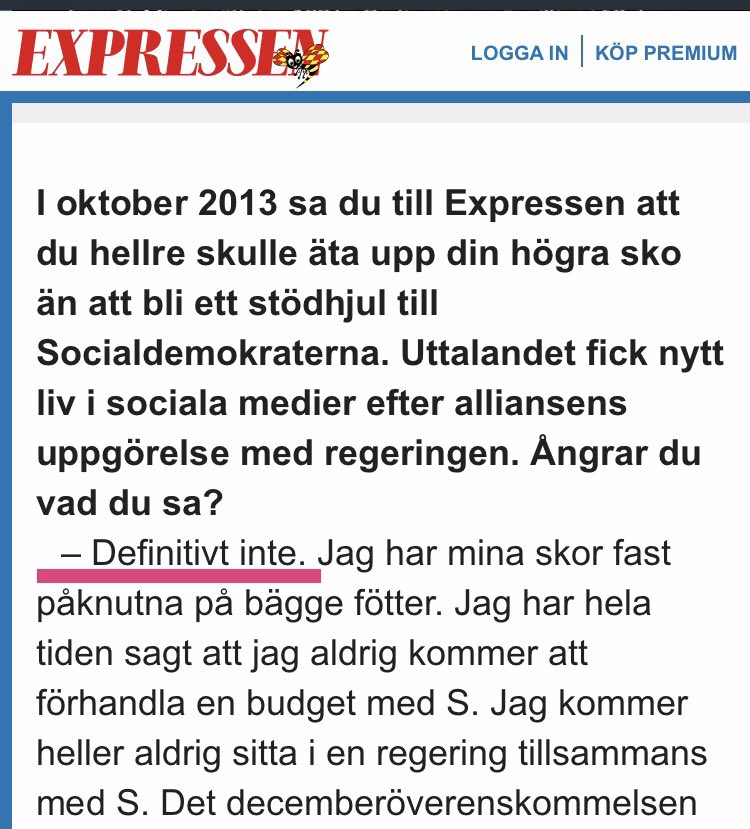 Annie Lööf påstår i Agenda att hon inte sagt att hon hellre äter upp sin högra sko än att bli ett stödhjul åt (S). 2015 när hon fick frågan ångrade hon inte uttalandet. 
Det är så dags att pudla nu. 👠