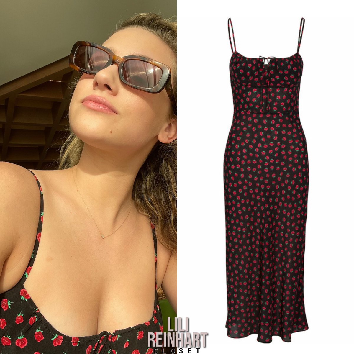 lilircloset's tweet photo. Lili Reinhart wore the #RealisationPar ‘The Alba Dress - Rosalita’ ($240) and a pair of #DKNY ‘DK514S Sunglasses’ (N/A) in a post for Covergirl - June 27th, 2021. https://t.co/CeIB1yv3di