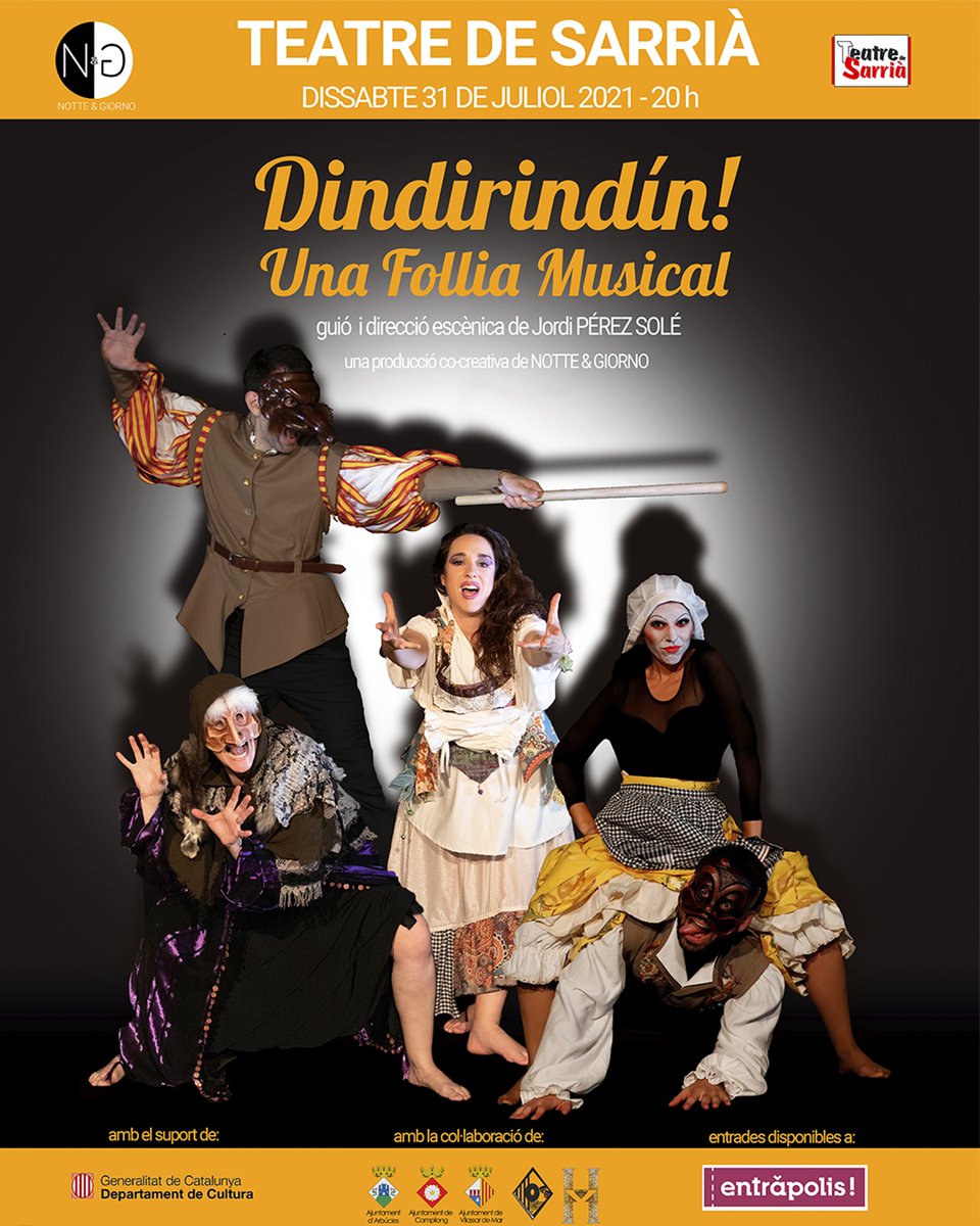 notteegiornopr's tweet photo. 👺 ‘Dindirindín! Una Follia Musical’ és un espectacle de #teatre i #música en clau de Commedia dell’Arte. Viu les peripècies de l’ #arlecchino i companyia per recuperar els plànols confiscats de la primera impremta de la Corona d’Aragó. 🎵

📍31 juliol 2021 20h a @centredesarria https://t.co/dBeTOGkVS5