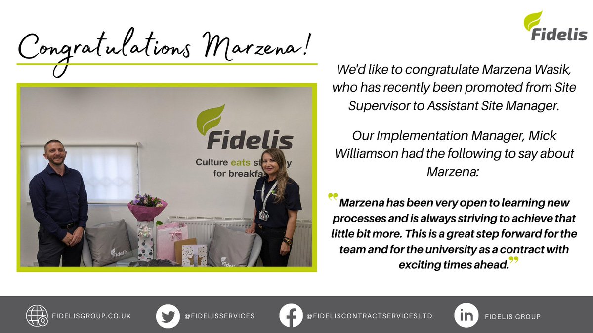 FidelisServices's tweet photo. We're proud to share that Marzena Wasik has recently been promoted from Site Supervisor to Assistant Site Manager, due to her “openness to learning new processes” and how she “is always striving to achieve that little bit more”. Congrats Marzena! https://t.co/zVgx85tofo #BrumHour https://t.co/BozaNBYhiG
