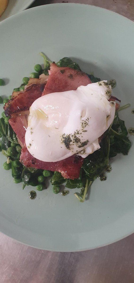 Greens, egg and ham. Back into it.