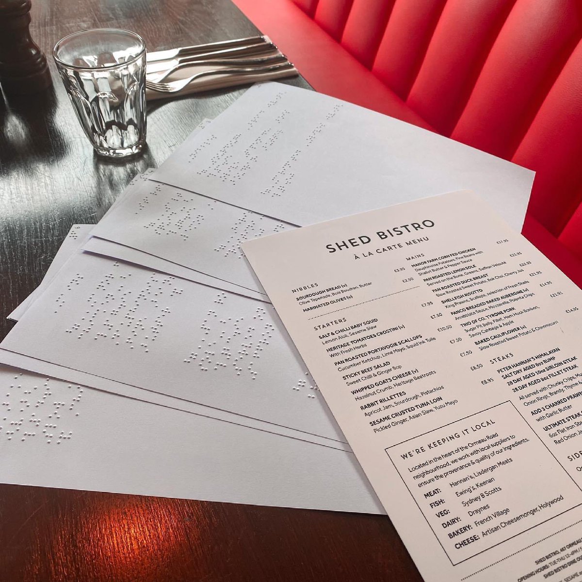 ShedBistro's tweet photo. On our road to more inclusivity. 

From now on we will have our menus available in Braille. Please ask one of our team to bring one out. 🤗

#inclusivitymatters #restaurants #inclusiverestaurant https://t.co/QRgwCjuqMN
