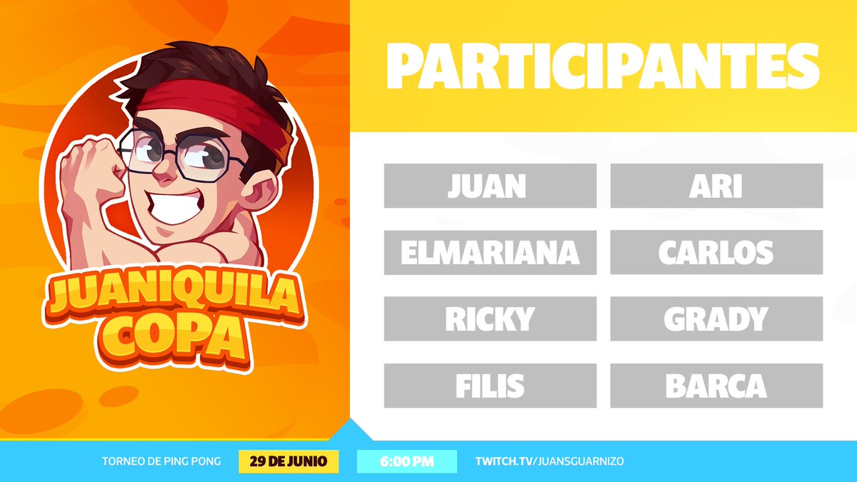 JuanSGuarnizo's tweet photo. Este martes 29 de Junio a las 6pm hora México será la primera Juaniquilacopa, varios streamers en un enfrentamiento de ping pong. No se lo pierdan en mi canal de Twitch. 💪🏓 https://t.co/ec0jiZijTb