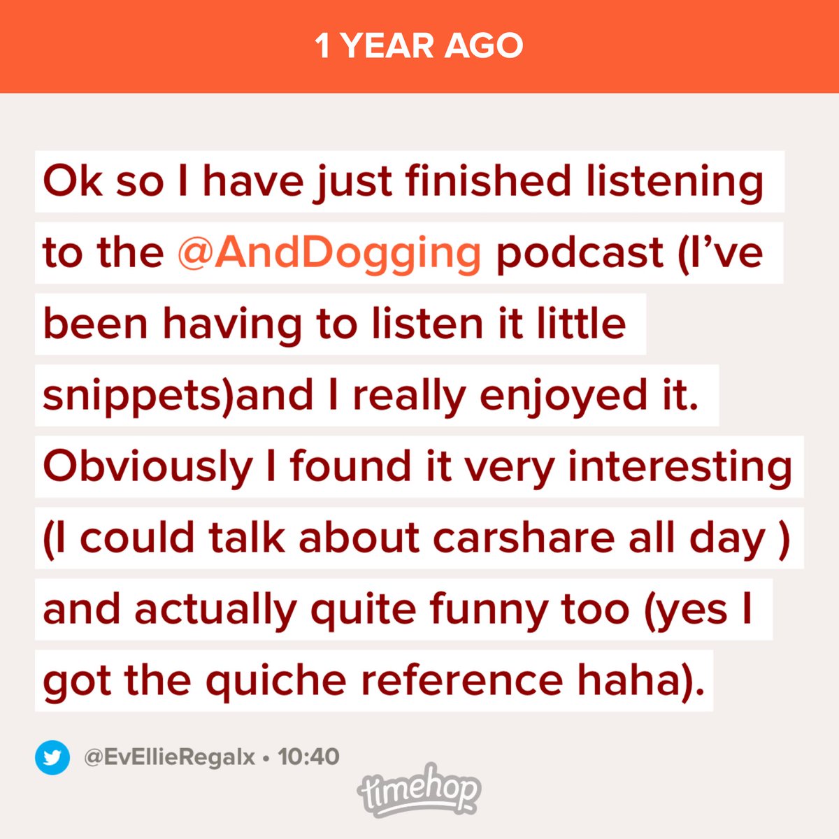 EvEllieRegalx's tweet photo. Apparently it’s a year since I listened to the first ever ⁦@AndDogging⁩ Podcast episode ! Very happy to say that since then I have actually had the pleasure of Joining John on the Podcast . If you are a #carshare go have a listen ! x https://t.co/zocix5vbjj