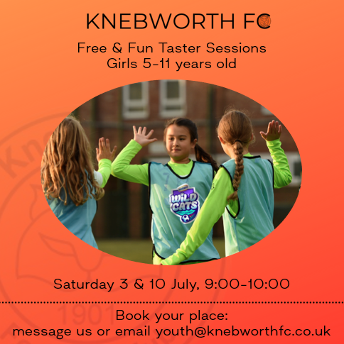 Join us for free &amp; fun taster sessions on Saturday 3 &amp; 10 July, 9:00-10:00 🧡⚽️
Book your place: DM or email youth@knebworthfc.co.uk