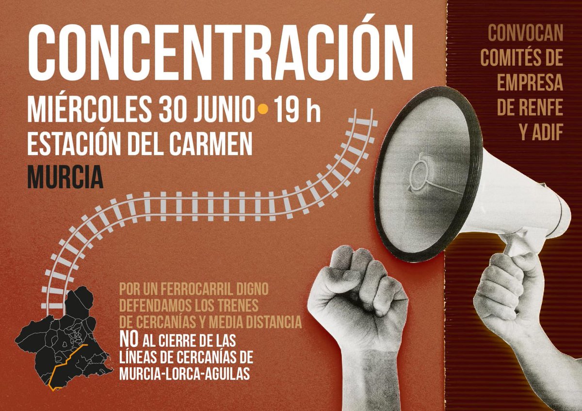 uprlibrilla's tweet photo. 📢 Miércoles, 30 de junio Concentración en defensa de nuestra Línea de Cercanías🚉

⚠️ Ante las noticias del posible cierre de la Línea de Cercanías Murcia-Águilas anunciado por @Adif 

💪🏻¡Di NO a la supresión de los Cercanías! https://t.co/gi2zBMPhBY