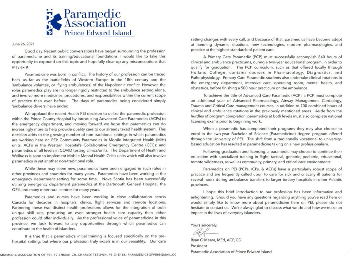 Our association would like to express support for the <a href="/Health_PEI/">Health PEI</a> decision to introduce Adv Care Paramedics into the Prince County Hospital emergency dept. Together we can build a more resilient healthcare system all Islanders can be proud to call their own <a href="/IslandEMS/">Island EMS</a>