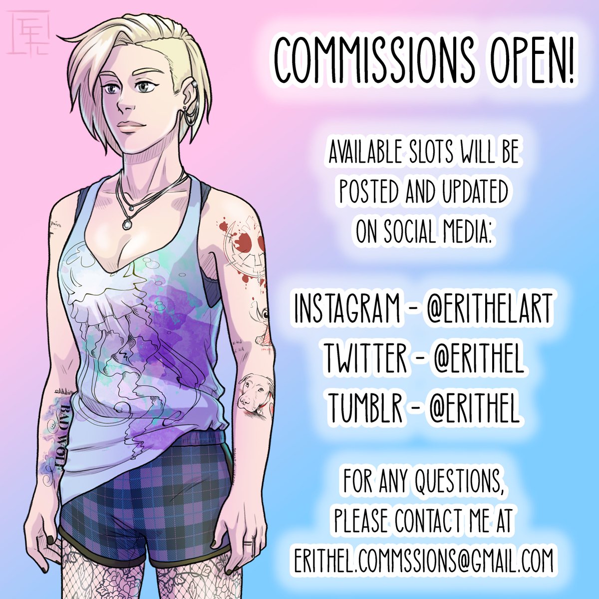 ErithEl's tweet photo. Commissions are open!

Info can also be found on my website: https://t.co/3qoANhMjxD

And as an added bonus, written commissions are now available to my supporters on Patreon.

#commissionsopen #commissions #CommissionSheet #Patreon https://t.co/1fmfsOmzgU