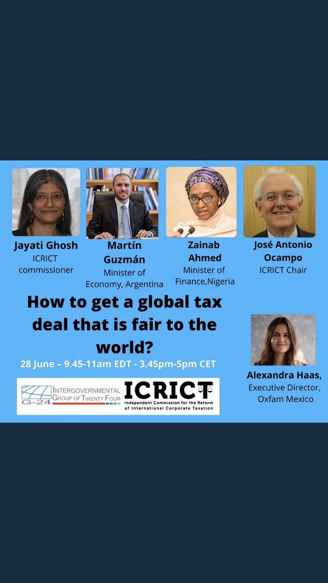 How to get a global tax deal that is fair to the world? 
🇦🇷 <a href="/Martin_M_Guzman/">Martín Guzmán</a> , 🇳🇬 Zainab Ahmed 
discuss this crucial issue with <a href="/icrict/">ICRICT</a>  <a href="/JoseA_Ocampo/">Jose Antonio Ocampo</a> &amp; <a href="/Jayati1609/">Jayati Ghosh</a>
👩‍💻live-streamed here: m.youtube.com/user/TackleTax…
🗓️28 June -TOMORROW
⏰9.45-11am EDT/3.45-5pm CET
Don't miss it!