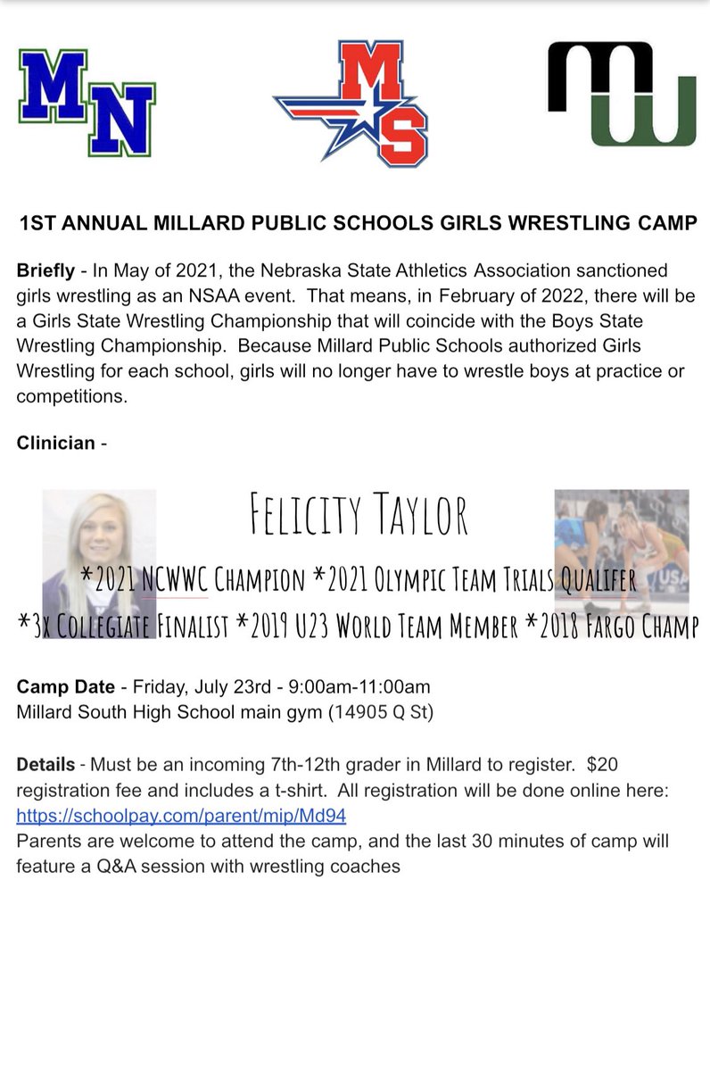 Remember that this is open to any GIRLS in Millard (7th-12th grade) plus their parents! This will be an “Intro to Wrestling Camp” with a Q&amp;A session for the girls and parents after the clinician <a href="/fkaytaylor/">Felicity Taylor</a>. <a href="/jsutfin/">Jon Sutfin</a> <a href="/MWHSactivities/">Millard West Activities</a> <a href="/MNHSActivities/">MNHS Activities</a>