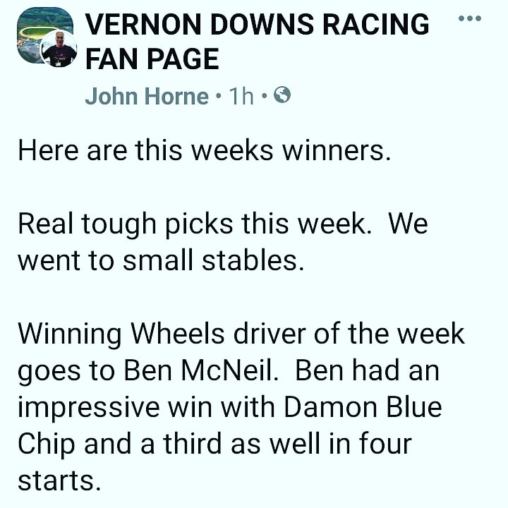 Winning Wheels Driver of the week is Ben McNeil, congratulations!! 

#tireshop #winners #winningwheels #pacers #trotter #bluechip #vernondownscasino
