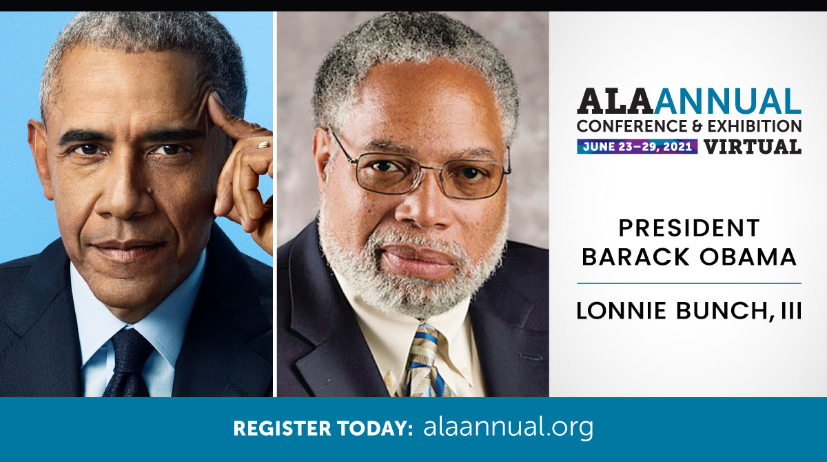 ALALibrary's tweet photo. 🔥 Closing General Session at #ALAAC21 🔥 Former President @BarackObama talks about #APromisedLand with @SmithsonianSec, the first African American to serve as head of @Smithsonian https://t.co/y2bCH52q9g https://t.co/yj3BvmFVbC