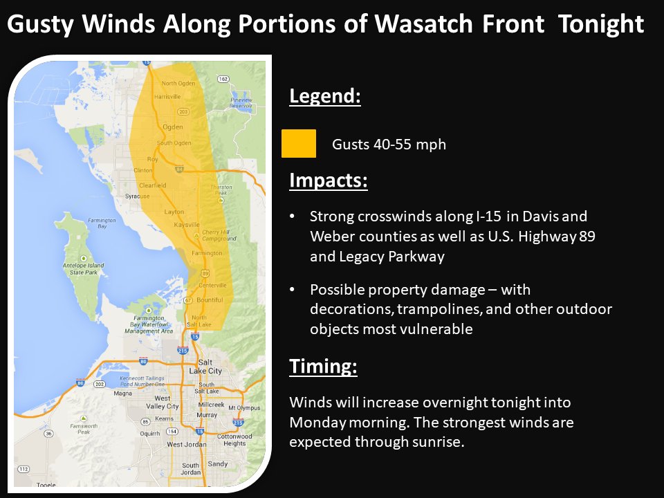 NWSSaltLakeCity's tweet image. Heads up Davis/Weber Counties...increasingly gusty easterly winds tonight into Monday morning. 40-55 mph expected, strongest midnight through sunrise Monday morning. #utwx #utwind