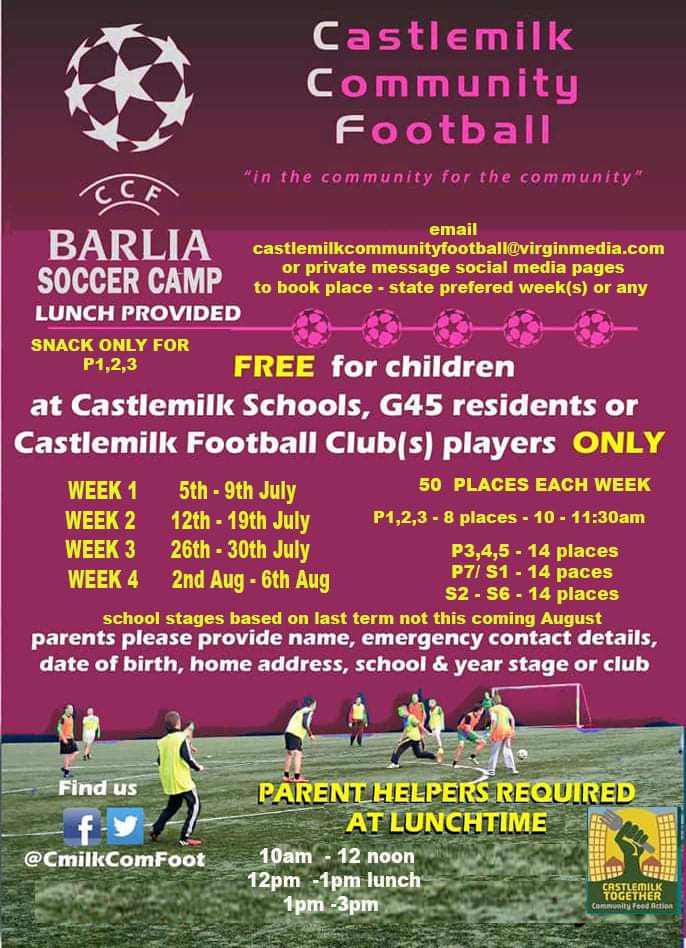 Barlia Summer Soccer Camp.

5 - 9 July -
12 - 16 July
26 - 30 July
2 - 6 August

Limited places each week. Respond with note of preferred week. We will attempt to offer everyone 1 week. We will confirm places by next Friday 2 July. 

Sessions stage / age for last term not August
