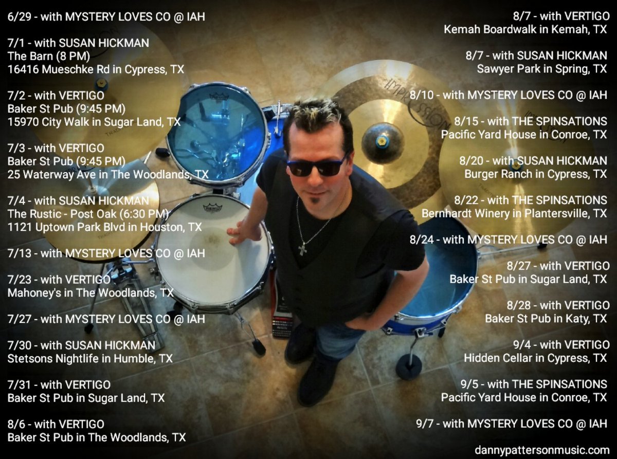 DPattersonMusic's tweet photo. Upcoming dates ...
@SalyersPerc @tnrproducts @SledgePad @JHAudio @castleclutch @CYMPAD_USA @Real7drums @Alesis @LPPercussion @remopercussion #thedrumwallet #motionpro_drumthrones #drummer #giglife #percussionist #studiodrummer #workingdrummer #drummersoftexas #dannypattersonmusic https://t.co/eIZiVyw2cS