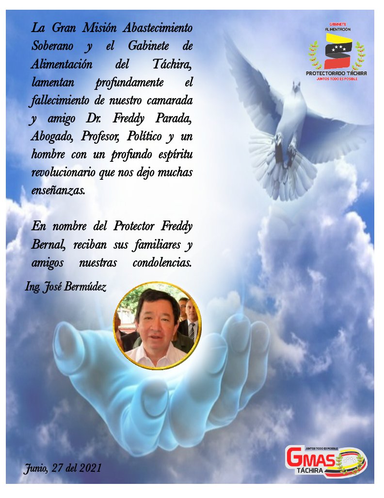 Hoy #27Jun nos llega la triste noticia del repentino fallecimiento de nuestro camarada y amigo Dr. Freddy Parada, militante del <a href="/PSUVTachira/">PSUV Táchira</a> Profesor y un hombre con una calidad humana como pocos, Descansa en Paz amigo y gracias por tus enseñanzas
<a href="/FreddyBernal/">Freddy Bernal</a> 
<a href="/Juntosxtachira1/">Juntos por Táchira</a>