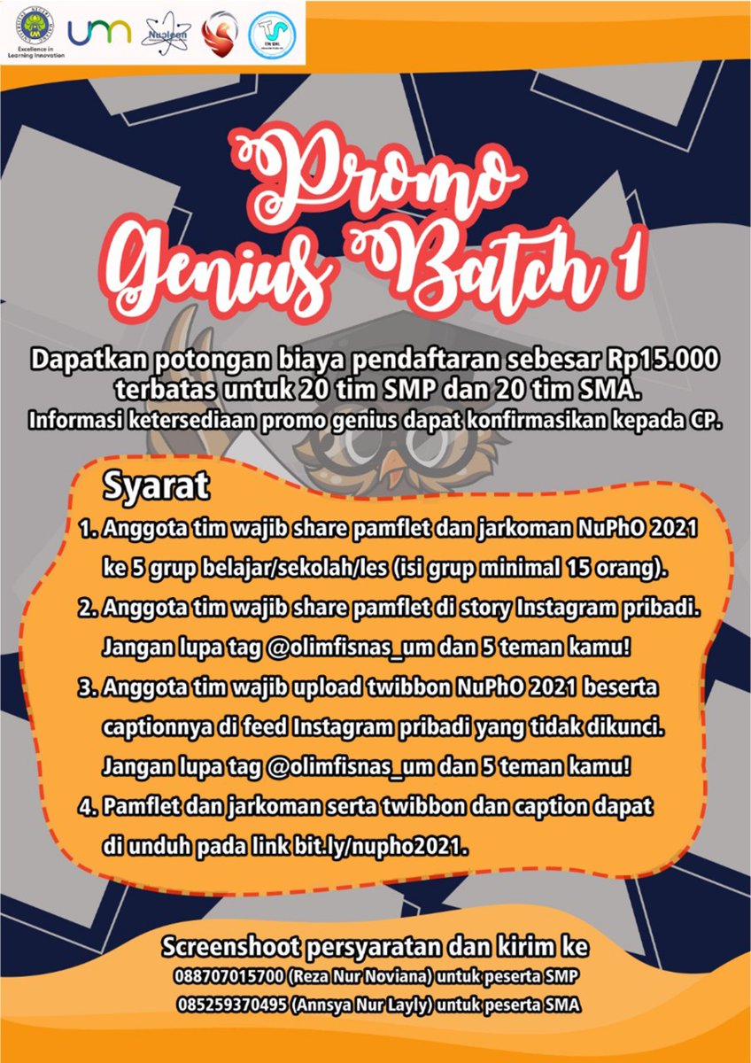 [PROMO GENIUS BATCH 1]

Hallo fisikawan muda👋🏻

"Ditengah kesulitan terdapat kesempatan." ~Albert Einstein

Promo Genius Batch 1🤩
DISKON pendaftaran 15K untuk 20 tim SMP dan SMA tercepat. Selengkapnya simak di postingan berikut.

#NuPhO2021 #HMJFISIKANUCLEON2021