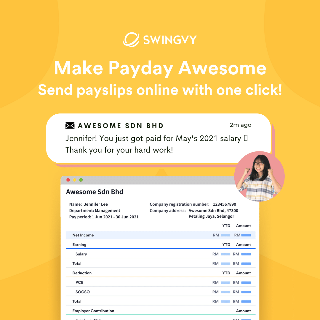 We take the hassle out of managing staff payroll 😌. With #Swingvy online payroll system, you can easily send payslips through emails. There's no need to print or fax payslips anymore!

Try Swingvy Payroll for free: hubs.ly/H0R0zSz0