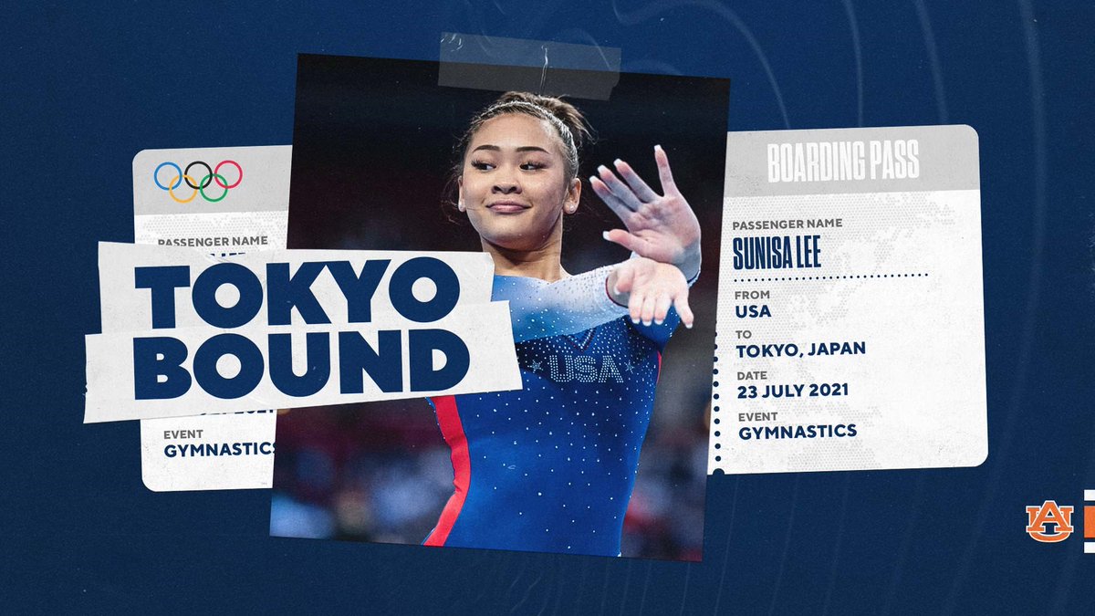 AuburnGym's tweet photo. 𝙏𝙊𝙆𝙔𝙊 𝘽𝙊𝙐𝙉𝘿: @sunisalee_ is an OLYMPIAN! 🇺🇸

The incoming freshman punched her ticket to the #TokyoOlympics2021 

#GymTrials21 | #WarEagle https://t.co/1lIZnohhmO