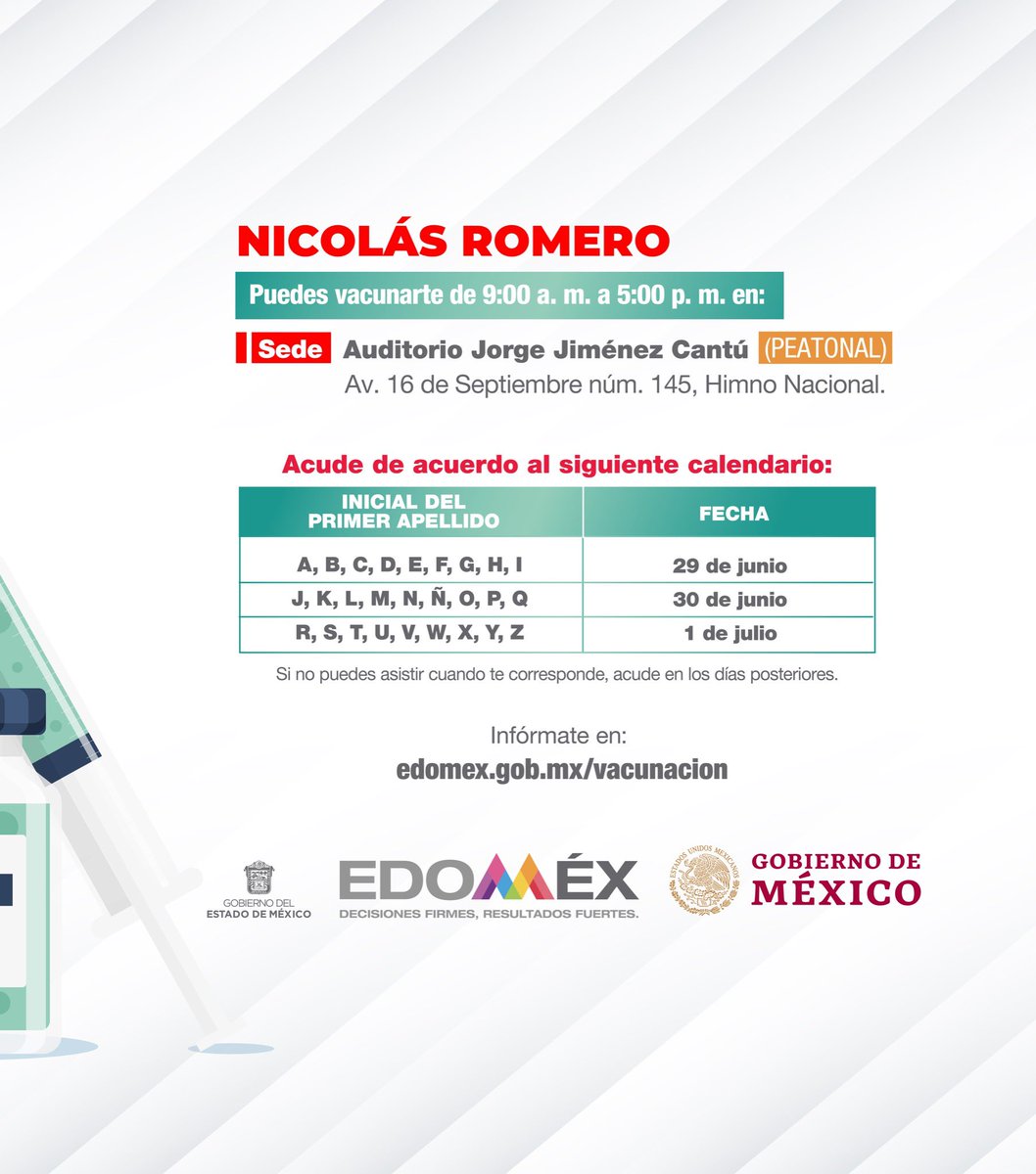 alfredodelmazo's tweet photo. Del 29 de junio al 1 de julio estaremos aplicando la primera dosis a los adultos de 40 a 49 años y mujeres embarazadas en #NicolásRomero. #EstrategiaDeVacunación https://t.co/sXGUiKwsaJ