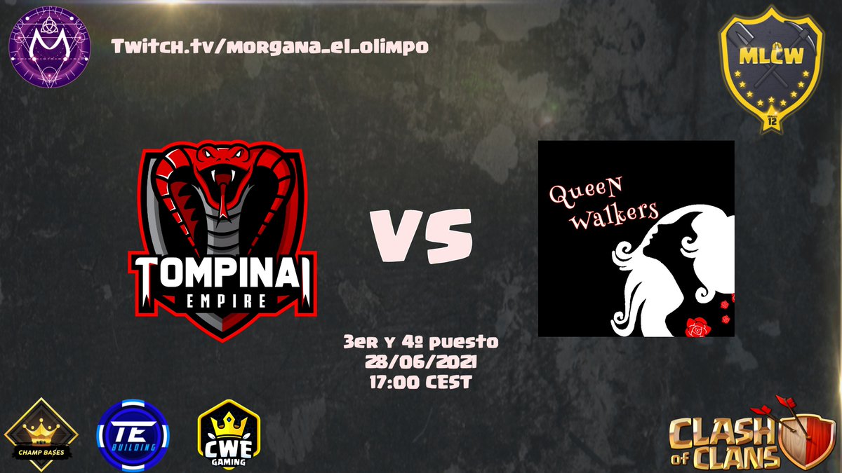 ¡LUNES! 🖤❤
🕔17:00 CEST ⚔️TOMPINAI EMPIRE VS QUEEN WALKERS⚔️Tercer y cuarto puesto de MLCW!
🕕18:00 CEST Iniciamos temporada de leyenda. Toca temporada "seria" 🤭
💜Sorteo de 4 pases de oro patrocinados por <a href="/Danicel_LW/">Danicel</a> durante el stream💜 
Os espero!
Twitch.tv/morgana_el_oli…