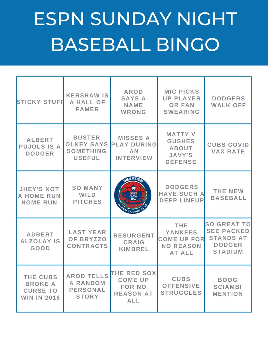 BCB_Sara's tweet photo. You knew it was coming. The Cubs are on Sunday Night Baseball, so here it is: Sunday Night Baseball Bingo!

The only real way to make it a challenge is to make it a blackout game. https://t.co/sfmaCD5PoP