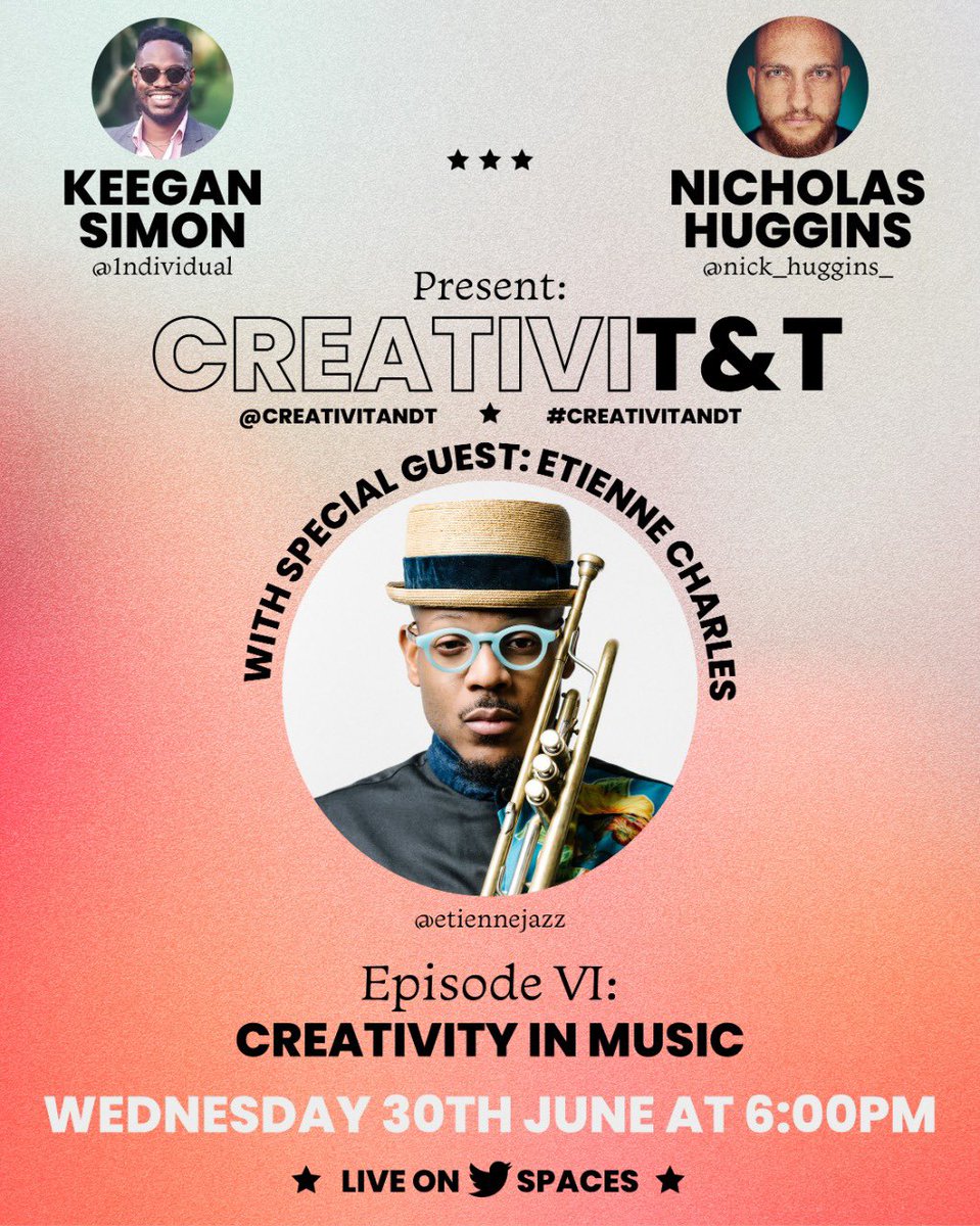 1ndividual's tweet photo. @creativitandt next episode is with @etiennejazz 🎺🎺🎺 talking about Creativity in Music. Tune in and here something amazing. 
Even trying to ease him into playing something too lol 🤞🏾🤞🏾doubt 😔 cc: @nick_huggins_ https://t.co/UKE1kMCw0h